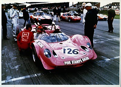 Pink Stamps Lotus 30 at Silverstone, 1970